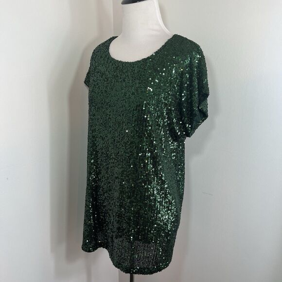 Cable & Gauge Blouse Holiday Top M Sequins Sparkle Forest Winter Green Festive - Picture 3 of 9